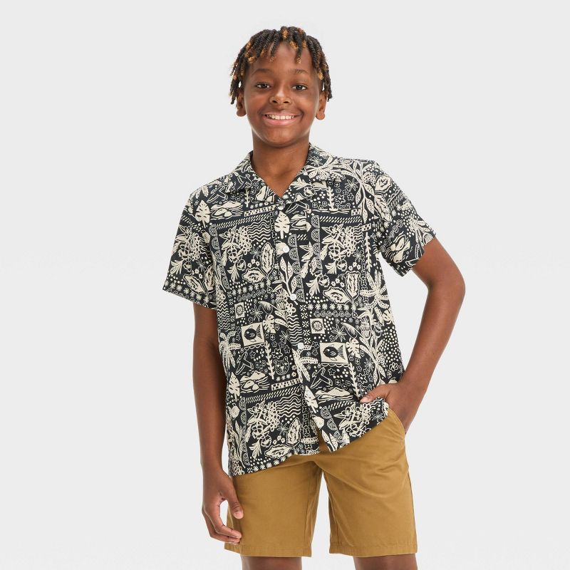 Boys' Short Sleeve Tropical Printed Woven Button-Down Shirt - Cat & Jack™ Black, 1 of 4