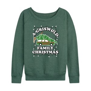 Women's Warner Bros. Griswold Family Christmas Tree Lightweight French Terry Wide Neck Long Sleeve Graphic Shirt - Heather Juniper - Large - 1 of 4