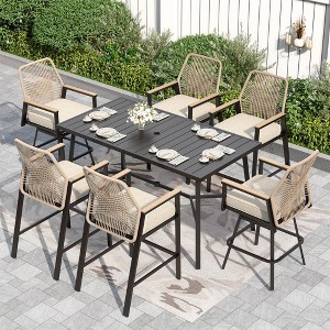 Captiva Designs Outdoor Patio Dining Bar Set with Steel Bar Table & Rattan Bar Stools with Cushions - 1 of 4