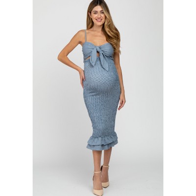 PinkBlush Blue Gingham Print Smocked Fitted Self-Tie Maternity Midi Dress