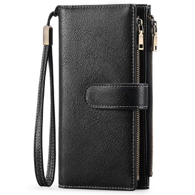 BEAFUP Womens Wallets,Large Capacity Credit Card Holder RFID,Wallet Women Double Zipper Pocket Leather Bifold Ladies Wristlet Clutch Wallet,Black