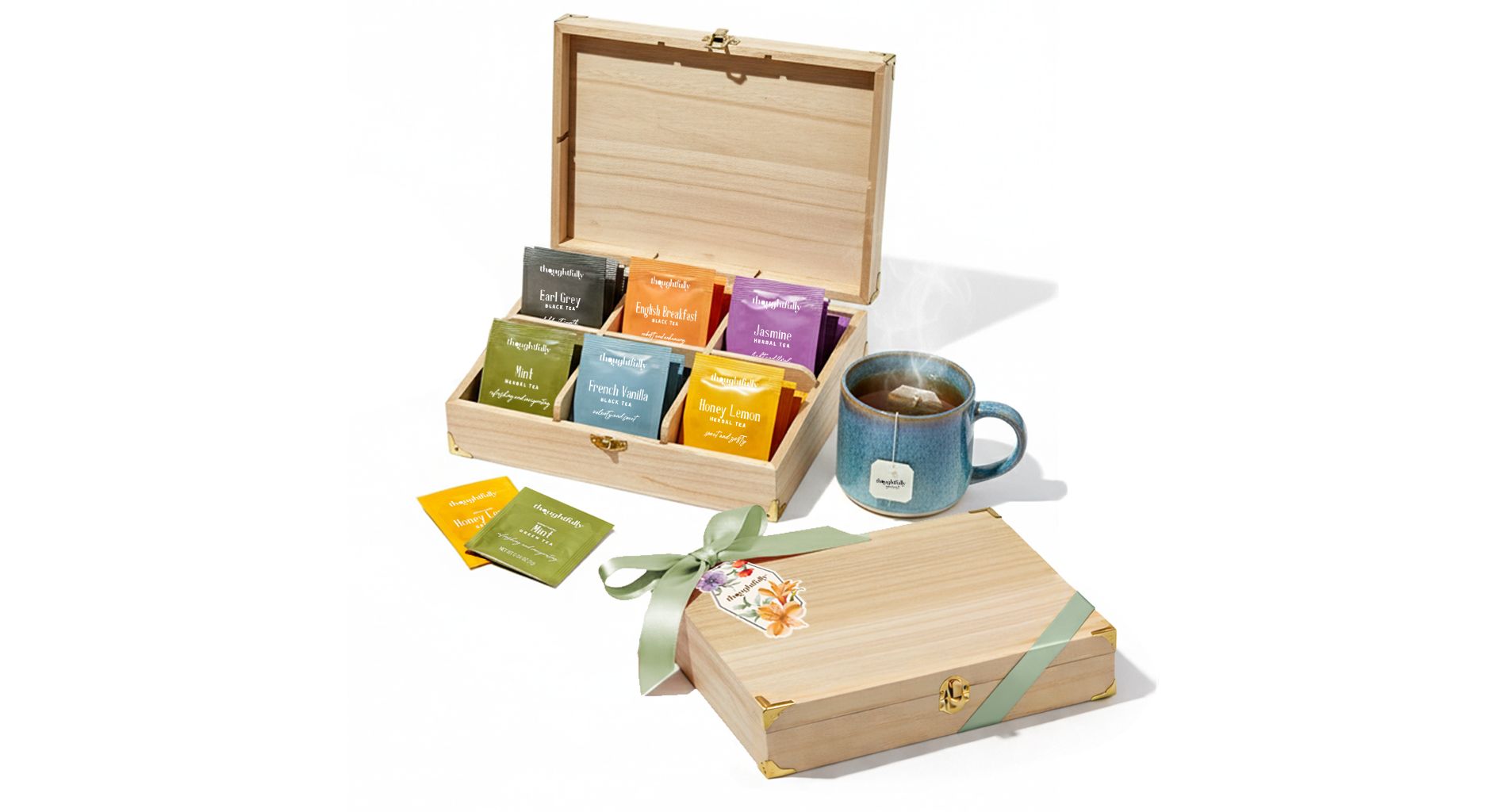 Thoughtfully Wooden Tea Box Gift Set, 90 Premium Tea Bags in Assorted Flavors, Includes Bow and Gift Tag, Luxury Tea Sampler Gift