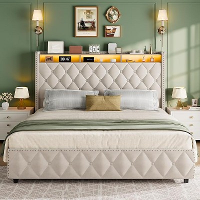 Bed Frame With 50.8" Tall Headboard And 4 Storage Drawers, Platform Velvet Upholstered Bed Frame With Charging Station, Led Lights