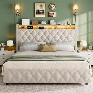 Bed Frame With 50.8" Tall Headboard And 4 Storage Drawers, Platform Velvet Upholstered Bed Frame With Charging Station, Led Lights - 1 of 4