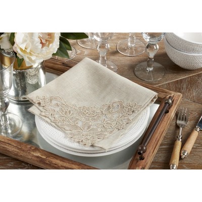 Taupe Embroidered Lace Floral Placemats and Napkins Set