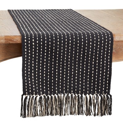 Saro Lifestyle Table Runner With Stitched Fringe Design, Black, 16