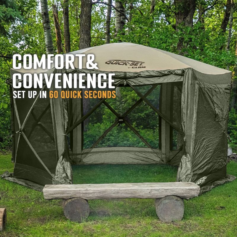 CLAM Quick-Set Pavilion 12.5 x 12.5 Foot Easy Set Up Portable Outdoor Camping Pop Up Canopy Gazebo Shelter with Ground Stakes and Carry Bag, Green/Tan, 5 of 7