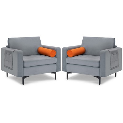 Costway Set of 2 Accent Armchair Single Sofa w/ Bolster & Side Storage Pocket Ash Grey
