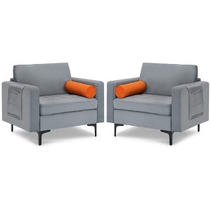 Costway Set of 2 Accent Armchair Single Sofa w/ Bolster & Side Storage Pocket Ash Grey - 1 of 4