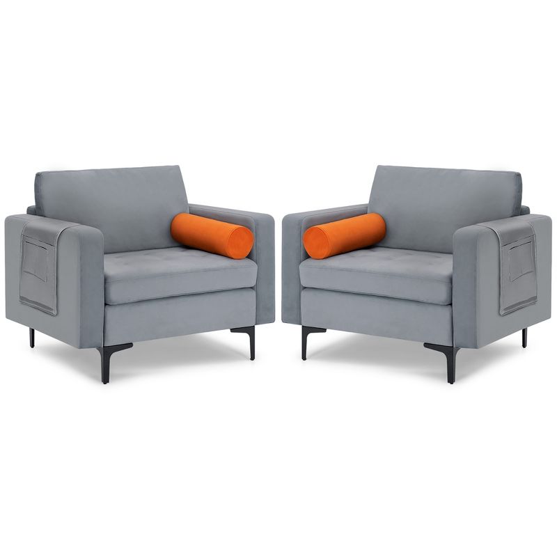Costway Set of 2 Accent Armchair Single Sofa w/ Bolster & Side Storage Pocket Ash Grey, 1 of 11
