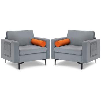 Costway Set of 2 Accent Armchair Single Sofa w/ Bolster & Side Storage Pocket Ash Grey
