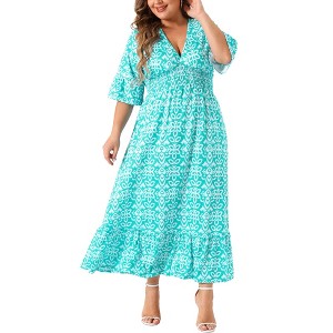 Agnes Orinda Women's Plus Size Boho Floral Bell Sleeve Ruffled Hem Deep V Neck A Line Dresses - 1 of 4