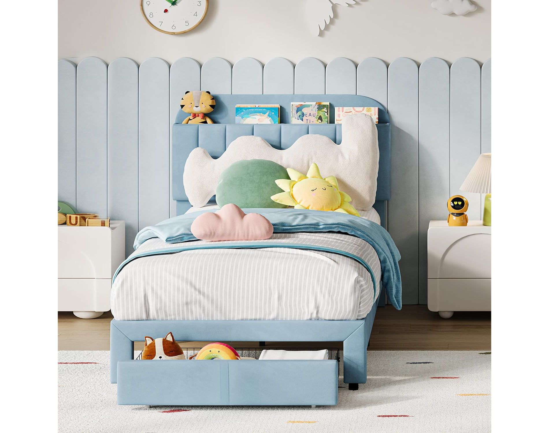 Twin Bed Frame with Storage Headboard, Velvet Upholstered Platform Bedframe for Kids, Girl Bed, Strong Wooden Slats, Noise-Free, Easy Assembly, Blue