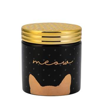 Amici Pet Meow Cat Ceramic Treats Canister Jar with Lid, 18 oz. , Black Gold