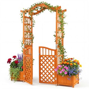 Costway Garden Arbor with Gate &amp; 2 Planter Boxes, 83" Wooden Garden ...