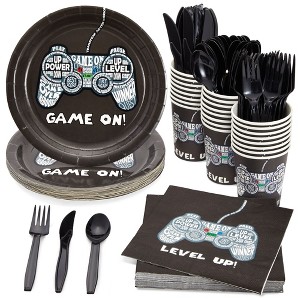 Juvale 144 Pack Video Game Party Supplies with Plates, Napkins, Cups, Cultery for Gamer Birthday Decorations (Serves 24) - 1 of 4