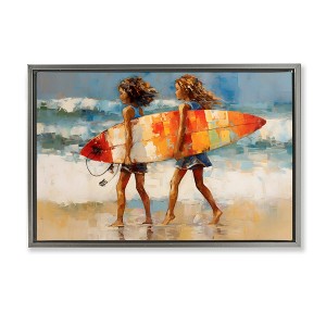 Stupell Industries Surfboard Kids Friends Black Floater Framed Canvas Wall Art - 1 of 4