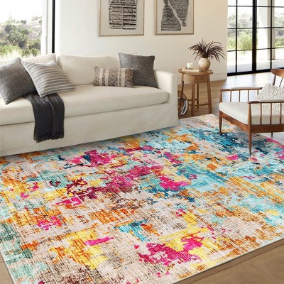 Washable Area Rug With Non-Slip Backing – Abstract Low Pile For Living Room