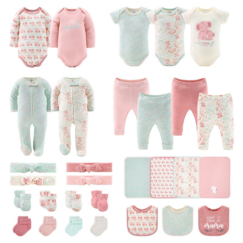 The Peanutshell Baby Girl Floral Elephant 30-Piece Newborn Layette Gift Set, 0-3 Months, 1 of 9