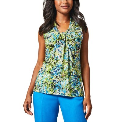 Kasper Womens Floral Knot Front Sleeveless Blouse Top, Green, P/PS