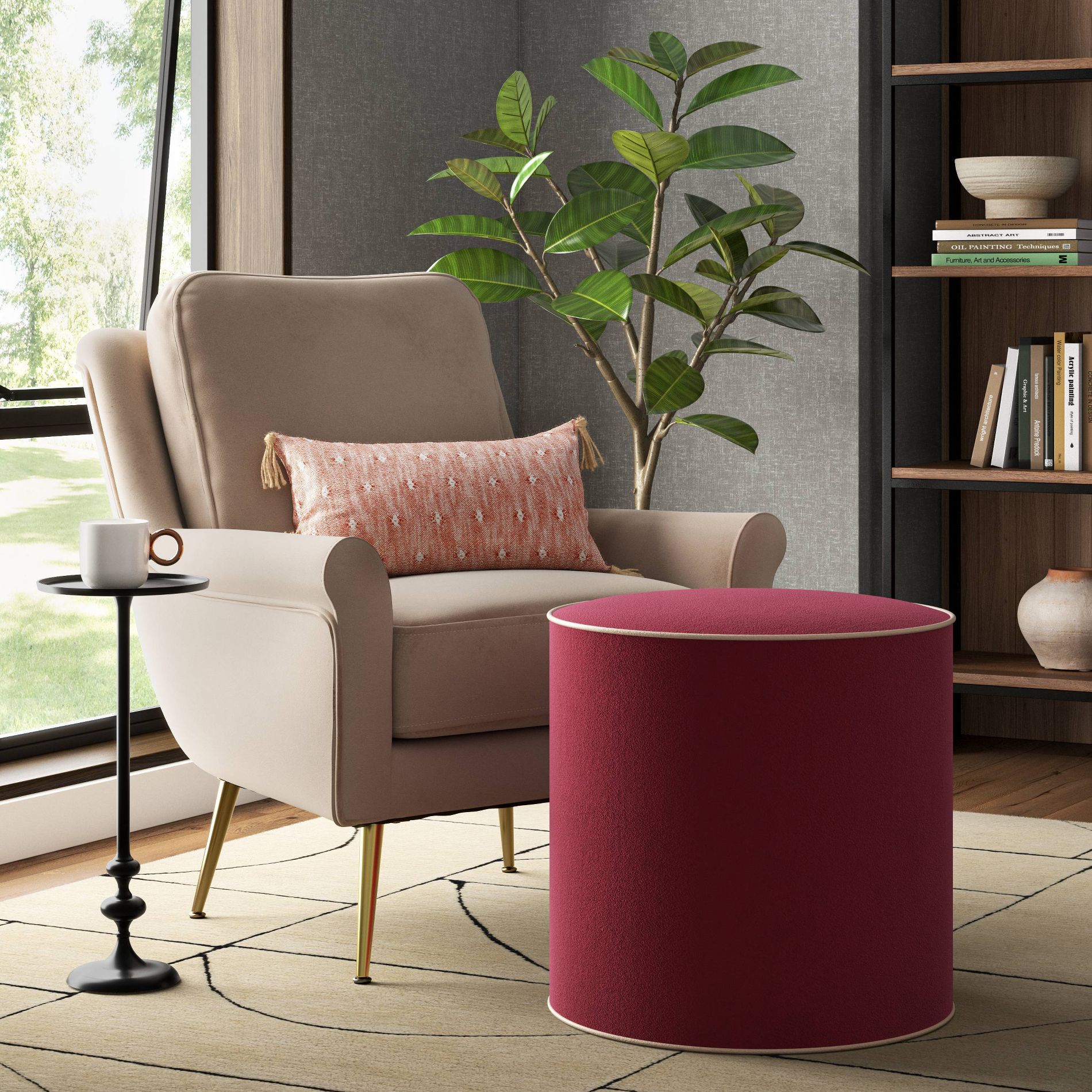 Contrast Welt Drum Ottoman in Velvet Berry Pearl Welt - Threshold™
