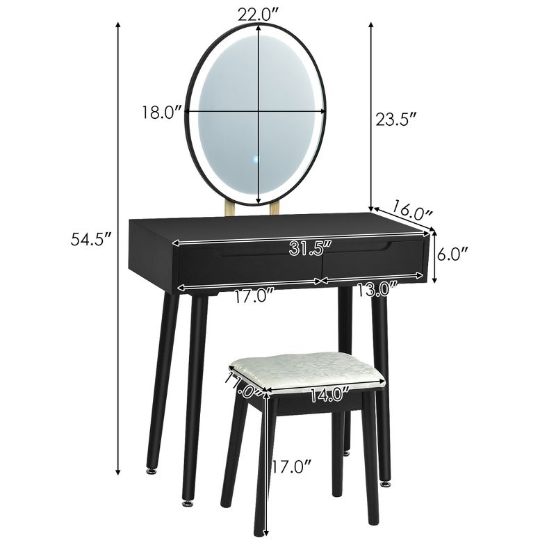 Costway Vanity Makeup Table Touch Screen 3 Lighting Modes Dressing Table Stool Set White\Black\ Gray, 3 of 12