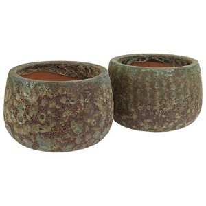 Sunnydaze Round Lava Finish Ceramic Planter - Green Distressed Ceramic - 10" Round - Set of 2 - 1 of 4