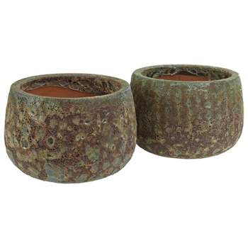 Sunnydaze Round Lava Finish Ceramic Planter - Green Distressed Ceramic - 10" Round - Set of 2