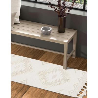 Handmade Ivory Wool Geometric Runner with Fringe