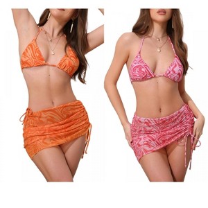 INSPIRE CHIC Women's Water Ripples Colorblock Halter Tie Back Top Triangle Bottom Mesh Cover Up Swimwear Bikini 2 Sets - 1 of 4