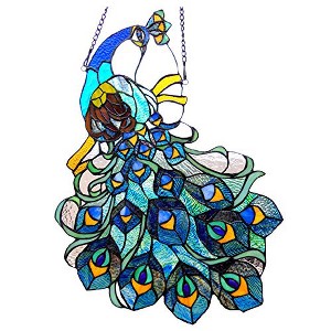 CHLOE Lighting GLORY Tiffany-style Peacock Glass Window Panel 17X25 - 1 of 4