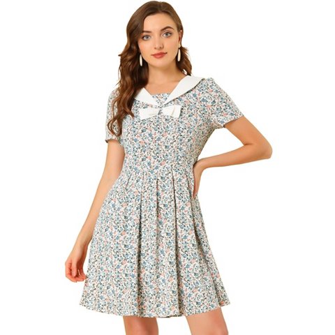 Женские платья INSPIRE CHIC Women's Fit and Flare Short Sleeve Sailor Collar Floral Dresses X-Large White Blue