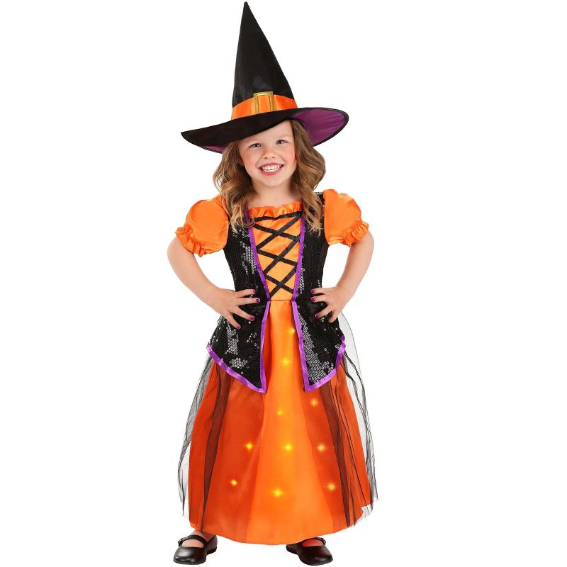 HalloweenCostumes.com Girl's Toddler Orange Light-Up Witch Costume, 1 of 7