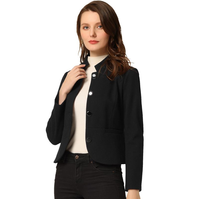 Allegra K Women's Stand Collar Pocket Single Breasted Long Sleeve Short Coat Jacket, 1 of 6