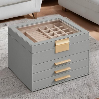 Glass Lid Jewelry Box, 4-Layer Organizer with 3 Drawers for Big and Small Jewelry, Modern Style, 8 x 9.1 x 6.5 Inches