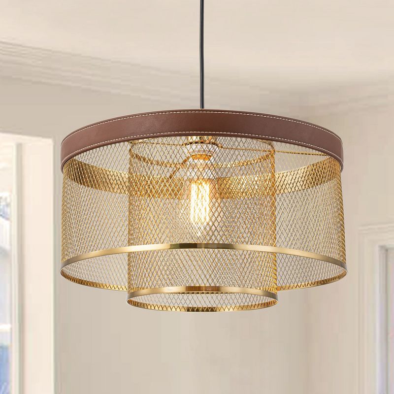 C Cattleya 16-inch 1-Light Brass Gold Mesh Pendant Light with Leather Accent, 2 of 9