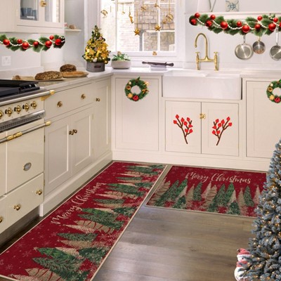 Christmas Tree and Snow Print Area Rug Set - 17x29In + 17x47In Non-Slip Kitchen Mats, Thick Stain Resistant Non-Shedding Carpet for Kitchen