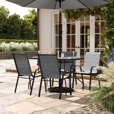 Gray Metal and Fabric 5-Piece Outdoor Dining Set with Glass Table