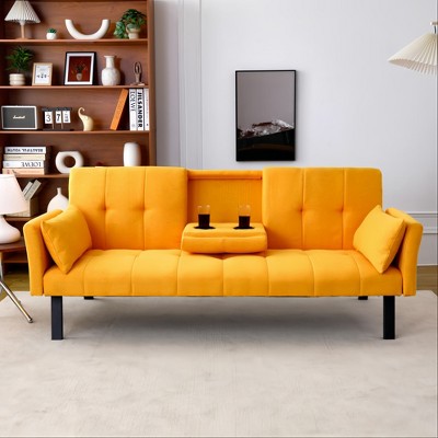 TIRAMISUBEST 70 Inch Convertible Sofa Bed Sleeper Couch Foldable Cup Holder Side Storage Guest Ready Small Space, Yellow