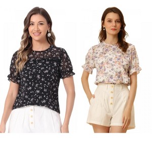 INSPIRE CHIC Women's Chiffon Short Sleeve Ruffled Trim Floral Blouse 2 Packs - 1 of 4