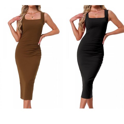 Женские платья INSPIRE CHIC Women's Elegant Square Neck Sleeveless Waisted Ruched Bodycon Evening Party Midi Dress X-Small Red 2 Packs Black/Brown Small