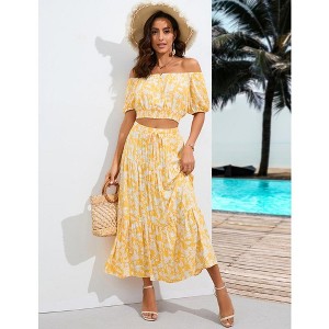 Women's Summer Floral Printed 2 Piece Outfit Off Shoulder Crop Top and Boho Tropical Long Skirt Set - 1 of 2
