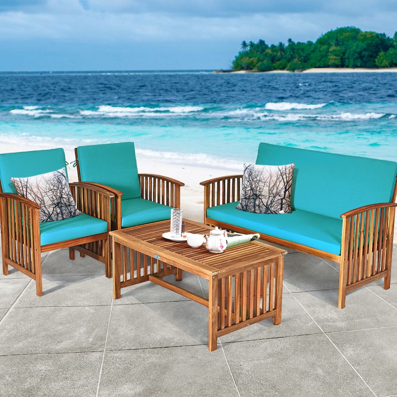 Costway 4PCS Patio Solid Wood Furniture Set Conversation Coffee Table TurquoiseBlack Cushion, 3 of 11