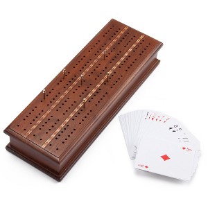 GSE 2-Track Wooden Cribbage Board Game Box with Playing Cards, 6 Metal Pegs - 1 of 4