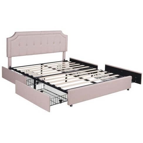 VECELO Queen/Full Size Bed Frame with Storage Drawers & Charging Ports, Upholstered Platform Bed Frame with Adjustable Headboard, Beige - image 1 of 4