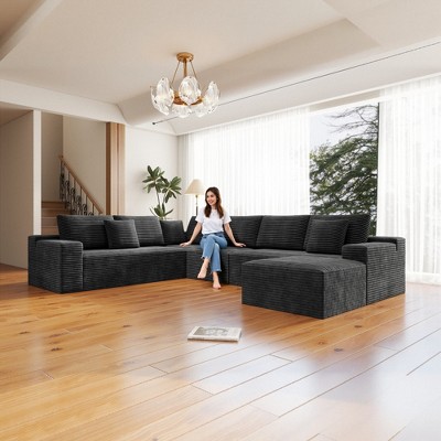 137.8"104.3" Plush Corduroy 4-Piece Modular Sectional Sofa with No Assembly Required and Comfortable Chaise Lounge