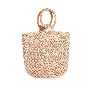 Adornia Natural Crochet Bucket Bag with Bamboo Handle - 1 of 4