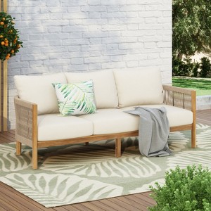Christopher Knight Home Nathan 77" Patio Rope Weaving Acacia Wood 3 Seater Sofa with Cushion - 1 of 4