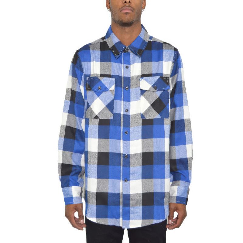 Slickblue Men’s Casual Checkered Flannel Shirt Long Sleeve Relaxed Fit Chest Pockets Layering Shirt, Black-Blue, 1XL