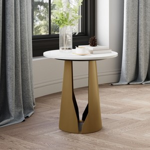 POVISON 17.32" Modern Round Side Table, Modern Sintered Stone End Table, Metal Base, White & Golden - 1 of 4